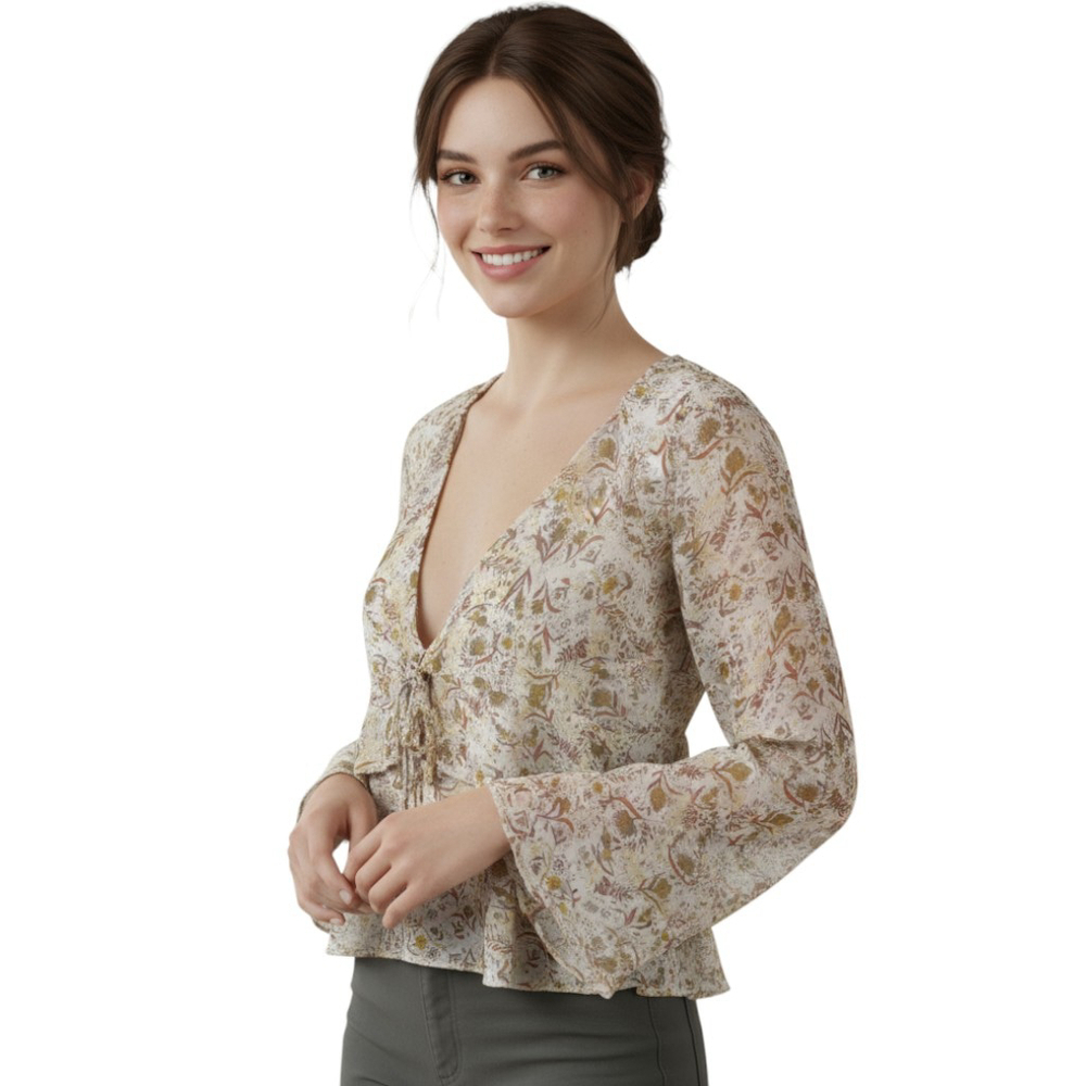 Free People Uptown Bell Sleeve Top Womens S Cream Floral Boho Summer Chic Ruffle